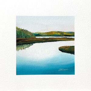 8x8 Maine Original Oil Painting Acadia Bass Harbor Marsh Reflective Water Signed